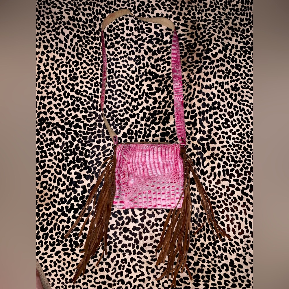 Western leather pink gator print fringe crossbody purse